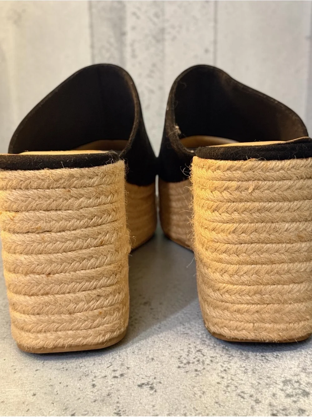 Soda Black Suede Espadrille Wedge Mules - Women size 8